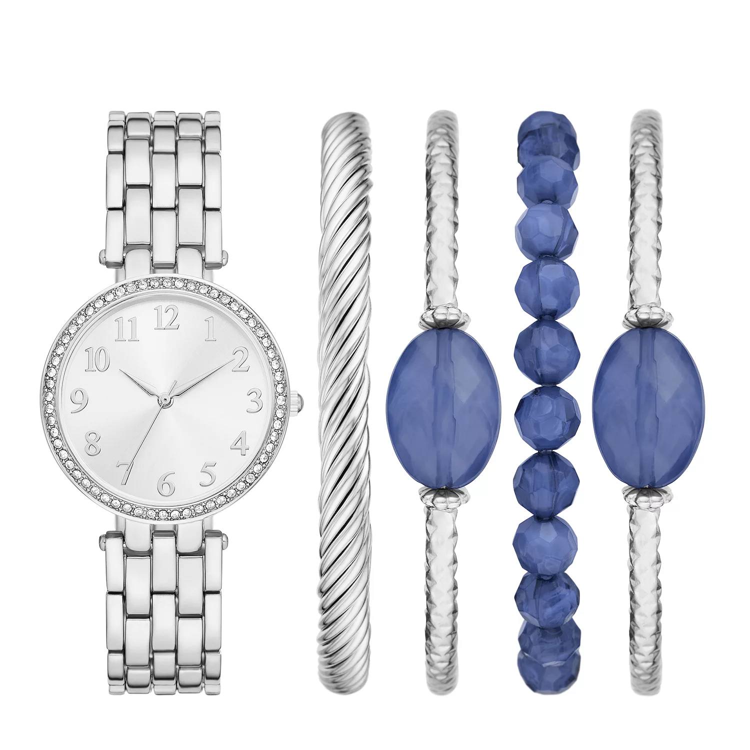 FOLIO Conjunto de reloj plateado y pulsera de cristal azul para mujer